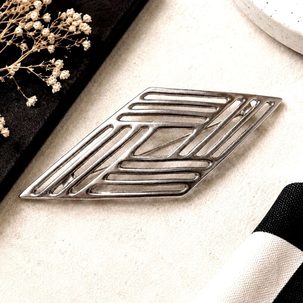 Vintage Silver Tone Geometric Statement Brooch Large Modernist Pin